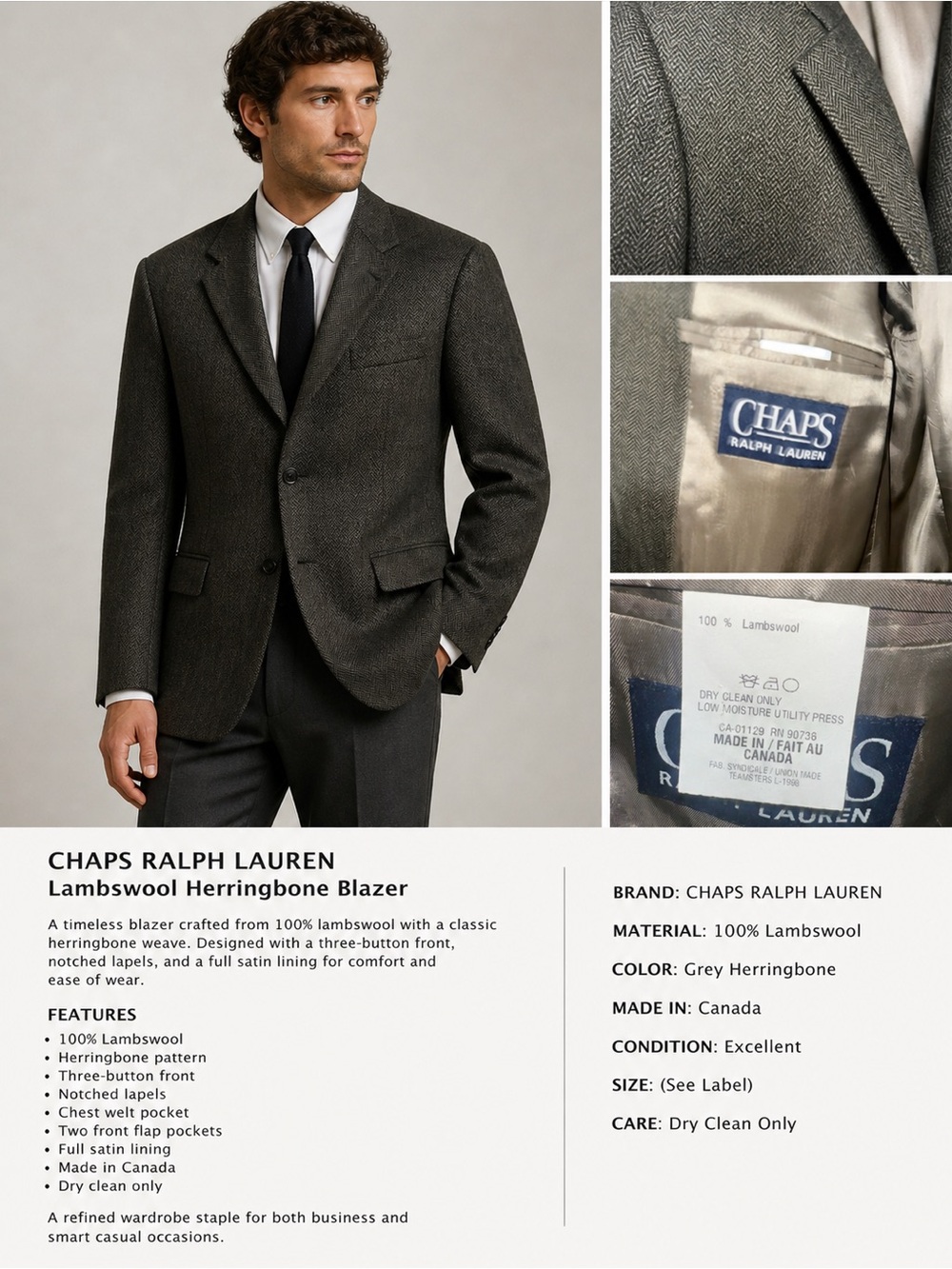 Chaps Grey Herringbone 100% Lambswool Blazer